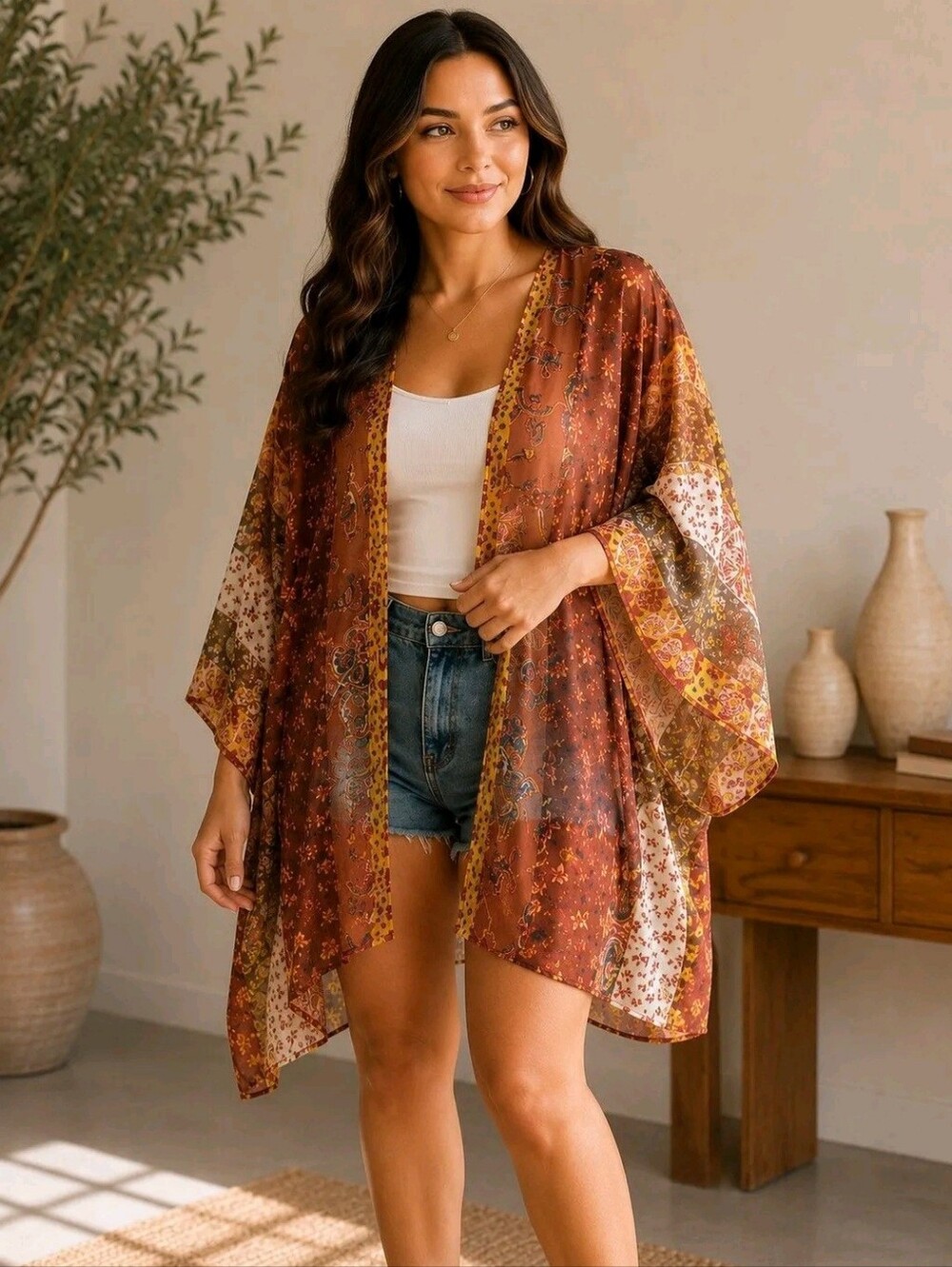Boho Paisley Floral Sheer Kimono Duster Cardigan